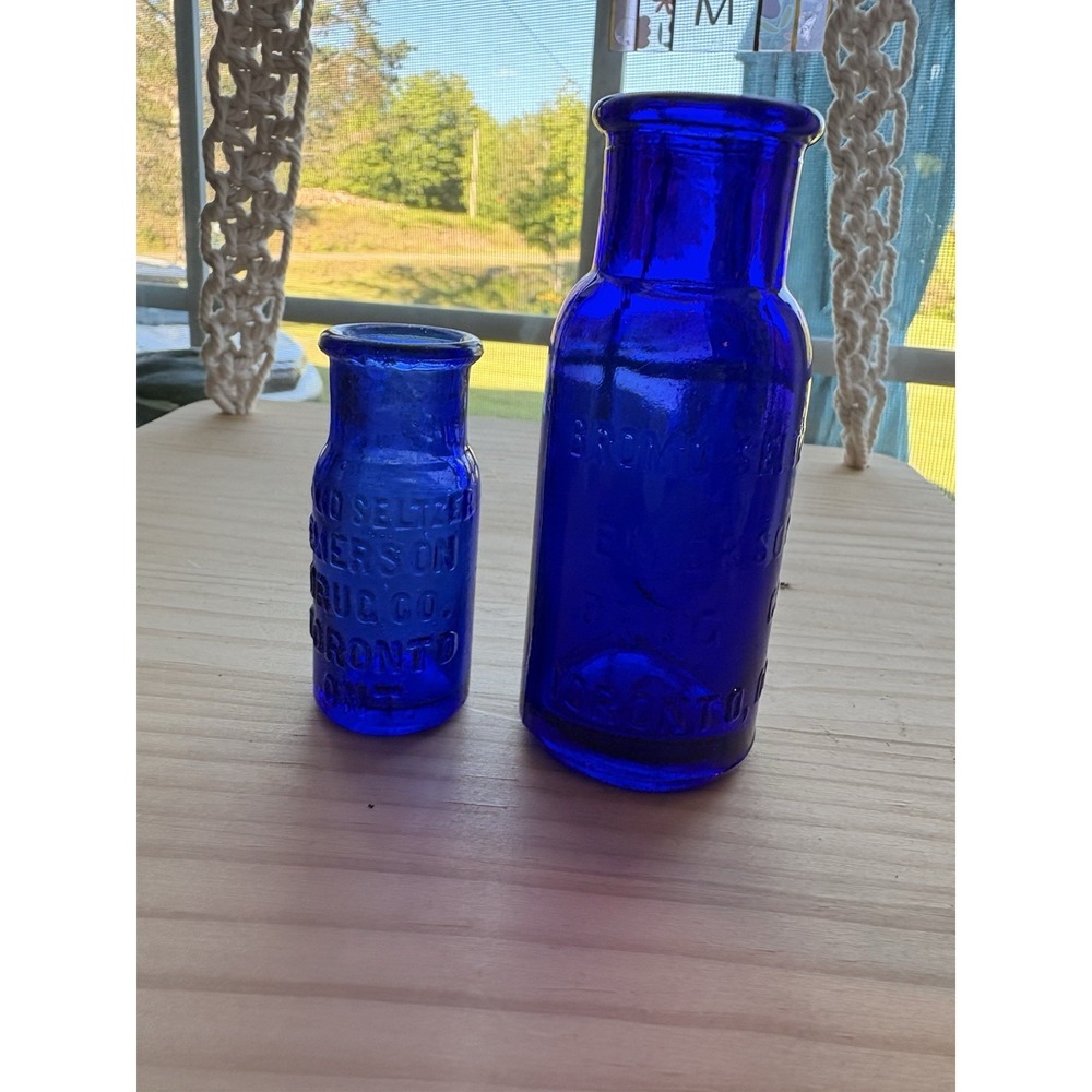Set Of Two Bromo-Seltzer Emerson Drug Co Toronto Ont.  Blue Medicine Bottle